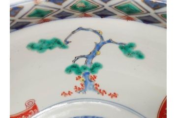 江戸期　古伊万里　上手物　色絵　二重角福　渦福　松竹梅・獅子図　約26cm　8.5寸　色鮮やかな絵付けが目を惹く深鉢(大鉢、八寸五分、和食器、和皿、深皿)(R-077389)