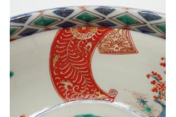 江戸期　古伊万里　上手物　色絵　二重角福　渦福　松竹梅・獅子図　約26cm　8.5寸　色鮮やかな絵付けが目を惹く深鉢(大鉢、八寸五分、和食器、和皿、深皿)(R-077389)