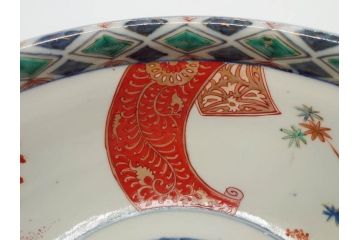 江戸期　古伊万里　上手物　色絵　二重角福　渦福　松竹梅・獅子図　約26cm　8.5寸　色鮮やかな絵付けが目を惹く深鉢(大鉢、八寸五分、和食器、和皿、深皿)(R-077389)