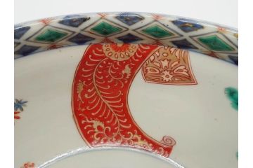 江戸期　古伊万里　上手物　色絵　二重角福　渦福　松竹梅・獅子図　約26cm　8.5寸　色鮮やかな絵付けが目を惹く深鉢(大鉢、八寸五分、和食器、和皿、深皿)(R-077389)