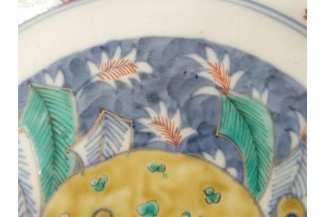 江戸期　古伊万里　上手物　色絵　二重角福　渦福　松竹梅・獅子図　約26cm　8.5寸　色鮮やかな絵付けが目を惹く深鉢(大鉢、八寸五分、和食器、和皿、深皿)(R-077389)