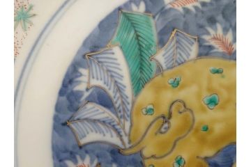 江戸期　古伊万里　上手物　色絵　二重角福　渦福　松竹梅・獅子図　約26cm　8.5寸　色鮮やかな絵付けが目を惹く深鉢(大鉢、八寸五分、和食器、和皿、深皿)(R-077389)