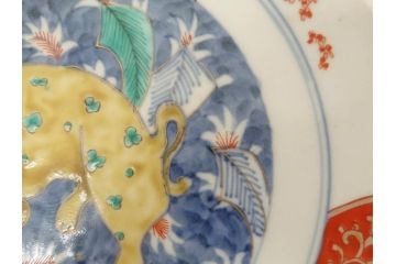 江戸期　古伊万里　上手物　色絵　二重角福　渦福　松竹梅・獅子図　約26cm　8.5寸　色鮮やかな絵付けが目を惹く深鉢(大鉢、八寸五分、和食器、和皿、深皿)(R-077389)