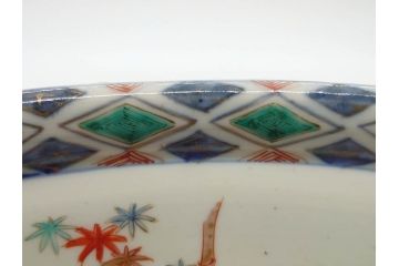 江戸期　古伊万里　上手物　色絵　二重角福　渦福　松竹梅・獅子図　約26cm　8.5寸　色鮮やかな絵付けが目を惹く深鉢(大鉢、八寸五分、和食器、和皿、深皿)(R-077389)