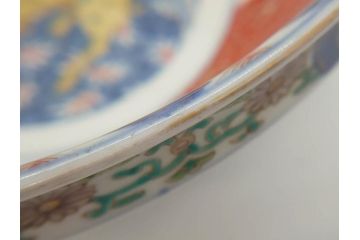 江戸期　古伊万里　上手物　色絵　二重角福　渦福　松竹梅・獅子図　約26cm　8.5寸　色鮮やかな絵付けが目を惹く深鉢(大鉢、八寸五分、和食器、和皿、深皿)(R-077389)