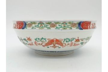 江戸期　古伊万里　上手物　色絵　二重角福　渦福　松竹梅・獅子図　約26cm　8.5寸　色鮮やかな絵付けが目を惹く深鉢(大鉢、八寸五分、和食器、和皿、深皿)(R-077389)