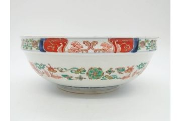 江戸期　古伊万里　上手物　色絵　二重角福　渦福　松竹梅・獅子図　約26cm　8.5寸　色鮮やかな絵付けが目を惹く深鉢(大鉢、八寸五分、和食器、和皿、深皿)(R-077389)