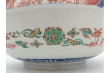 江戸期　古伊万里　上手物　色絵　二重角福　渦福　松竹梅・獅子図　約26cm　8.5寸　色鮮やかな絵付けが目を惹く深鉢(大鉢、八寸五分、和食器、和皿、深皿)(R-077389)