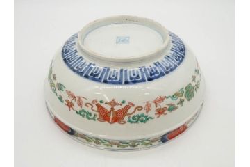 江戸期　古伊万里　上手物　色絵　二重角福　渦福　松竹梅・獅子図　約26cm　8.5寸　色鮮やかな絵付けが目を惹く深鉢(大鉢、八寸五分、和食器、和皿、深皿)(R-077389)