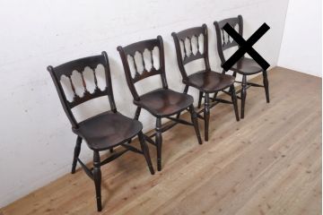 中古　松本民芸家具　#49型A　背もたれの美しいデザインが印象的なワイコムチェア3脚セット(板座チェア、ダイニングチェア、椅子、イス)(定価3脚で約33万円)(R-077407)
