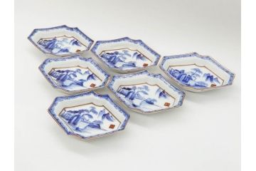 明治〜大正期　伊万里　染付　山水船図　約18cm　5.9寸　鮮やかな青に金と赤色が映える変形皿6枚セット(菱形、八角、金彩、五寸九分、和食器、和皿)(R-077409)