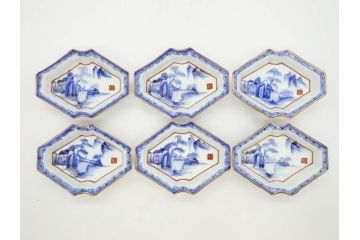明治〜大正期　伊万里　染付　山水船図　約18cm　5.9寸　鮮やかな青に金と赤色が映える変形皿6枚セット(菱形、八角、金彩、五寸九分、和食器、和皿)(R-077409)
