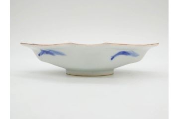 明治〜大正期　伊万里　染付　山水船図　約18cm　5.9寸　鮮やかな青に金と赤色が映える変形皿6枚セット(菱形、八角、金彩、五寸九分、和食器、和皿)(R-077409)