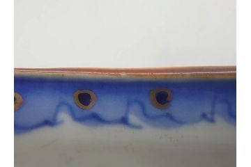 明治〜大正期　伊万里　染付　山水船図　約18cm　5.9寸　鮮やかな青に金と赤色が映える変形皿6枚セット(菱形、八角、金彩、五寸九分、和食器、和皿)(R-077409)