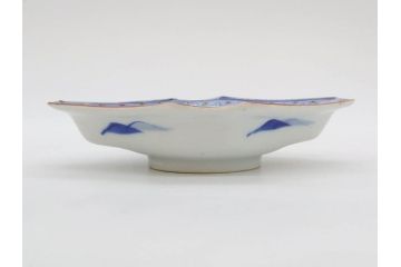 明治〜大正期　伊万里　染付　山水船図　約18cm　5.9寸　鮮やかな青に金と赤色が映える変形皿6枚セット(菱形、八角、金彩、五寸九分、和食器、和皿)(R-077409)