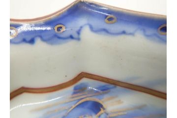 明治〜大正期　伊万里　染付　山水船図　約18cm　5.9寸　鮮やかな青に金と赤色が映える変形皿6枚セット(菱形、八角、金彩、五寸九分、和食器、和皿)(R-077409)