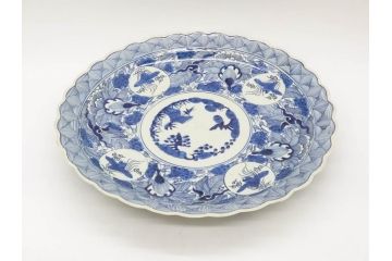 江戸期　古伊万里　線描　松竹梅　花鳥図　約45cm　1尺5寸　繊細に絵付けされた大皿(鳳凰、和皿、和食器、一尺5寸)(R‐077410)