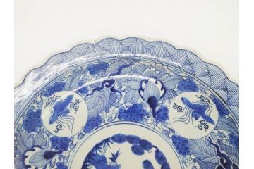 江戸期　古伊万里　線描　松竹梅　花鳥図　約45cm　1尺5寸　繊細に絵付けされた大皿(鳳凰、和皿、和食器、一尺5寸)(R‐077410)