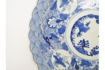江戸期　古伊万里　線描　松竹梅　花鳥図　約45cm　1尺5寸　繊細に絵付けされた大皿(鳳凰、和皿、和食器、一尺5寸)(R‐077410)