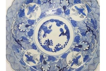 江戸期　古伊万里　線描　松竹梅　花鳥図　約45cm　1尺5寸　繊細に絵付けされた大皿(鳳凰、和皿、和食器、一尺5寸)(R‐077410)