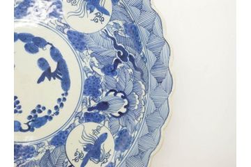 江戸期　古伊万里　線描　松竹梅　花鳥図　約45cm　1尺5寸　繊細に絵付けされた大皿(鳳凰、和皿、和食器、一尺5寸)(R‐077410)