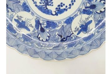 江戸期　古伊万里　線描　松竹梅　花鳥図　約45cm　1尺5寸　繊細に絵付けされた大皿(鳳凰、和皿、和食器、一尺5寸)(R‐077410)