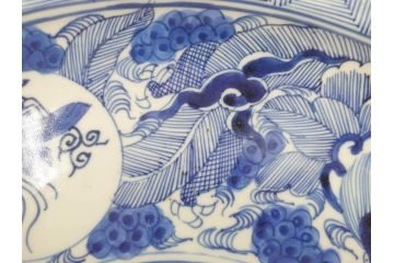江戸期　古伊万里　線描　松竹梅　花鳥図　約45cm　1尺5寸　繊細に絵付けされた大皿(鳳凰、和皿、和食器、一尺5寸)(R‐077410)
