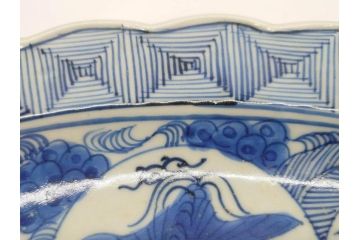 江戸期　古伊万里　線描　松竹梅　花鳥図　約45cm　1尺5寸　繊細に絵付けされた大皿(鳳凰、和皿、和食器、一尺5寸)(R‐077410)