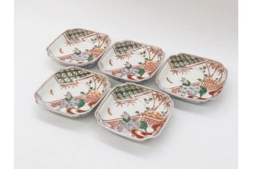 江戸期　古伊万里　色絵　獅子・竹花蝶図　約14cm　4.6寸　華やかな図柄が魅力的な変形皿5枚セット(小皿、四寸六分、和食器、和皿)(R-077411)
