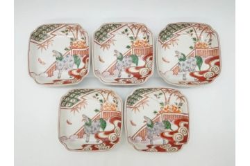 江戸期　古伊万里　色絵　獅子・竹花蝶図　約14cm　4.6寸　華やかな図柄が魅力的な変形皿5枚セット(小皿、四寸六分、和食器、和皿)(R-077411)