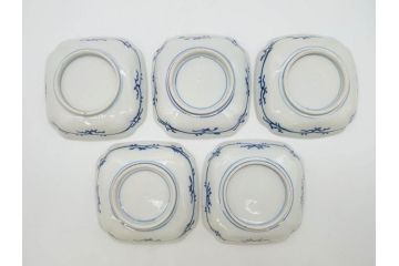 江戸期　古伊万里　色絵　獅子・竹花蝶図　約14cm　4.6寸　華やかな図柄が魅力的な変形皿5枚セット(小皿、四寸六分、和食器、和皿)(R-077411)
