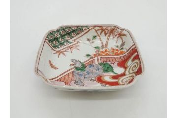 江戸期　古伊万里　色絵　獅子・竹花蝶図　約14cm　4.6寸　華やかな図柄が魅力的な変形皿5枚セット(小皿、四寸六分、和食器、和皿)(R-077411)