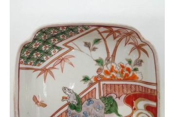 江戸期　古伊万里　色絵　獅子・竹花蝶図　約14cm　4.6寸　華やかな図柄が魅力的な変形皿5枚セット(小皿、四寸六分、和食器、和皿)(R-077411)