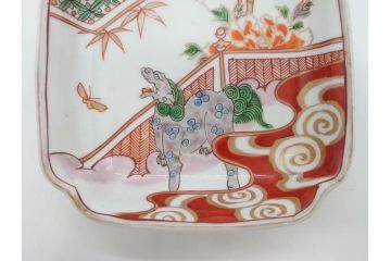 江戸期　古伊万里　色絵　獅子・竹花蝶図　約14cm　4.6寸　華やかな図柄が魅力的な変形皿5枚セット(小皿、四寸六分、和食器、和皿)(R-077411)