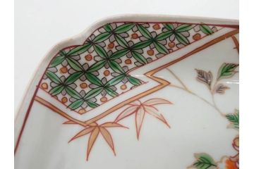 江戸期　古伊万里　色絵　獅子・竹花蝶図　約14cm　4.6寸　華やかな図柄が魅力的な変形皿5枚セット(小皿、四寸六分、和食器、和皿)(R-077411)