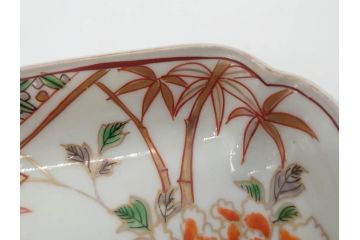江戸期　古伊万里　色絵　獅子・竹花蝶図　約14cm　4.6寸　華やかな図柄が魅力的な変形皿5枚セット(小皿、四寸六分、和食器、和皿)(R-077411)