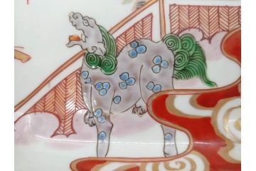 江戸期　古伊万里　色絵　獅子・竹花蝶図　約14cm　4.6寸　華やかな図柄が魅力的な変形皿5枚セット(小皿、四寸六分、和食器、和皿)(R-077411)