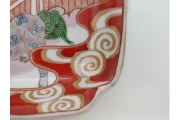 江戸期　古伊万里　色絵　獅子・竹花蝶図　約14cm　4.6寸　華やかな図柄が魅力的な変形皿5枚セット(小皿、四寸六分、和食器、和皿)(R-077411)