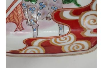 江戸期　古伊万里　色絵　獅子・竹花蝶図　約14cm　4.6寸　華やかな図柄が魅力的な変形皿5枚セット(小皿、四寸六分、和食器、和皿)(R-077411)