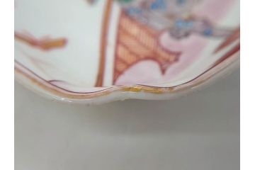 江戸期　古伊万里　色絵　獅子・竹花蝶図　約14cm　4.6寸　華やかな図柄が魅力的な変形皿5枚セット(小皿、四寸六分、和食器、和皿)(R-077411)