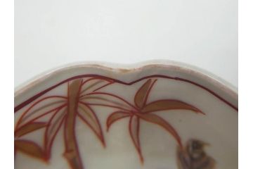 江戸期　古伊万里　色絵　獅子・竹花蝶図　約14cm　4.6寸　華やかな図柄が魅力的な変形皿5枚セット(小皿、四寸六分、和食器、和皿)(R-077411)