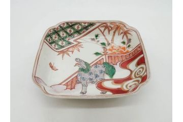 江戸期　古伊万里　色絵　獅子・竹花蝶図　約14cm　4.6寸　華やかな図柄が魅力的な変形皿5枚セット(小皿、四寸六分、和食器、和皿)(R-077411)