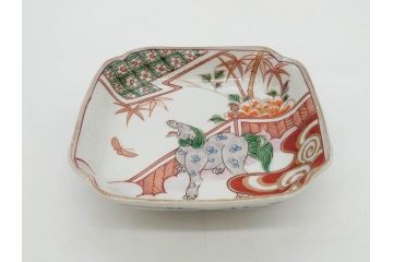江戸期　古伊万里　色絵　獅子・竹花蝶図　約14cm　4.6寸　華やかな図柄が魅力的な変形皿5枚セット(小皿、四寸六分、和食器、和皿)(R-077411)