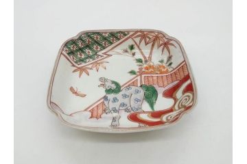 江戸期　古伊万里　色絵　獅子・竹花蝶図　約14cm　4.6寸　華やかな図柄が魅力的な変形皿5枚セット(小皿、四寸六分、和食器、和皿)(R-077411)