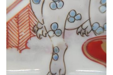 江戸期　古伊万里　色絵　獅子・竹花蝶図　約14cm　4.6寸　華やかな図柄が魅力的な変形皿5枚セット(小皿、四寸六分、和食器、和皿)(R-077411)