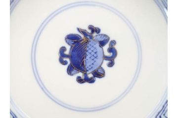 明治期　伊万里焼　色絵　桃印　鳳凰菊雷文　約12cm　4.1寸　色鮮やかな染付と金彩で装飾された豪華な蓋付き茶碗5客セット(金彩、器、どんぶり、和皿、和食器、四寸一分)(R-077414)