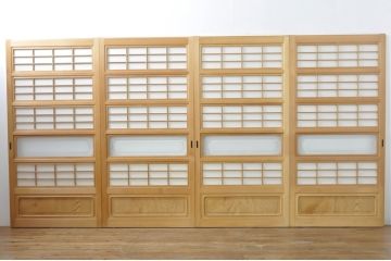 中古　上品な和空間を演出してくれる裏障子付き格子戸4枚セット(建具、引き戸、ガラス帯戸、障子戸)(R-077438)