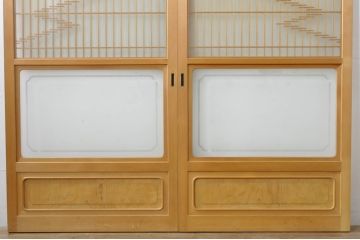 中古　和の雰囲気が魅力的な格子入りのガラス戸2枚セット(建具、引き戸、格子戸)(R-077439)