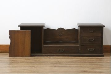 和製アンティーク　大正ロマン　ナラ材　象嵌入りで引き出し付きのお洒落な本立て(本棚、ブックシェルフ、花台、飾り台)(R-077460)