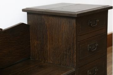和製アンティーク　大正ロマン　ナラ材　象嵌入りで引き出し付きのお洒落な本立て(本棚、ブックシェルフ、花台、飾り台)(R-077460)
